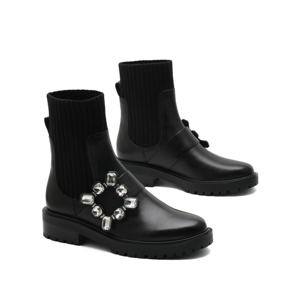 STACCATO - Official Site] Black Square Crystal-Buckle Sock Boots