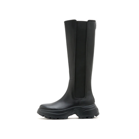 Black Leather Chunky Chelsea Long Boots