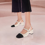 Load image into Gallery viewer, Crystal Toe Cap Linen Heeled Mary Jane
