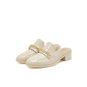 Beige Chain Patent Slip On Loafers
